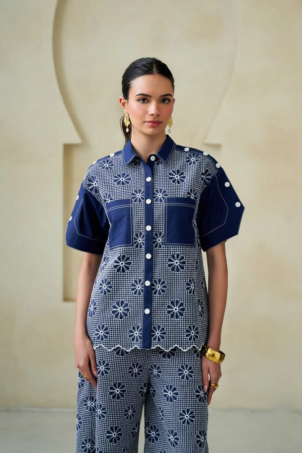 Navy Cutwork Embroidered Cotton Shirt — STITCH STORIES