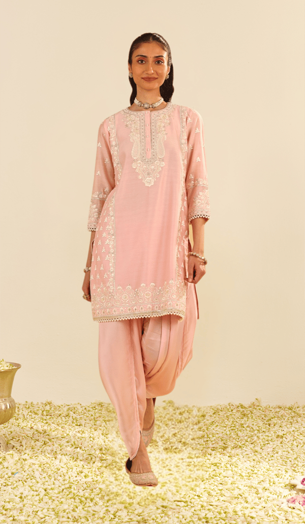 Blush Pink Embroidered Straight Kurta Set with Dhoti — Sheetal Batra
