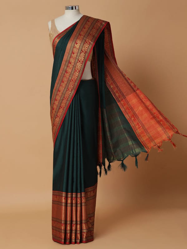 Bottle Green Narayanpet Big Border Saree Tyohaar — BINKS