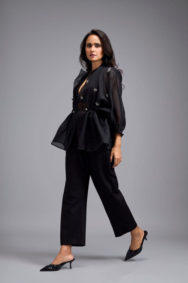 Black Organza Embellished Top With Pants — Deepika Arora