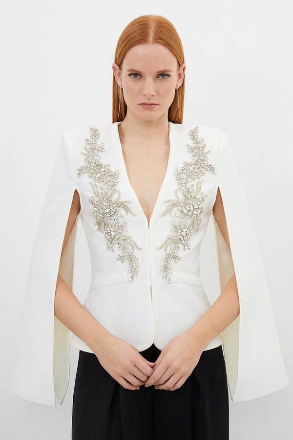 Cream Embellished Cape Sleeve Slim Fit Jacket — KAREN MILLEN