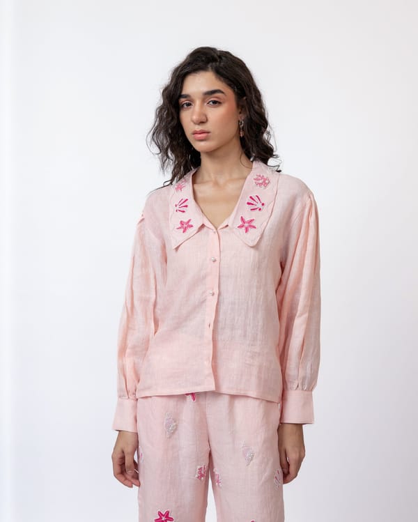 Peach Linen Shirt with Hand-Beaded Statement Collar — MAGIA