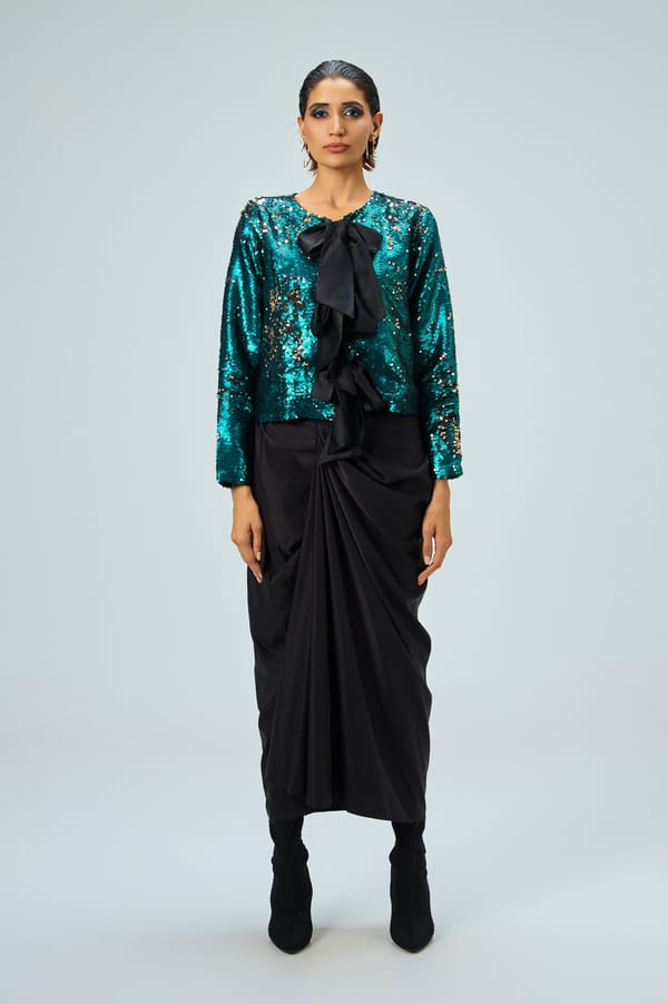 Emerald Sequin Top and Black Draped Maxi Skirt Co-ord Set — KOR