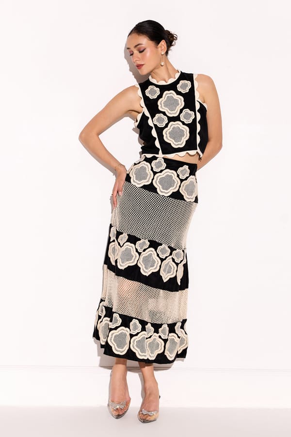 Black Embroidered Crop Top and Midi Skirt Co-ord Set — BOHO-CHIC