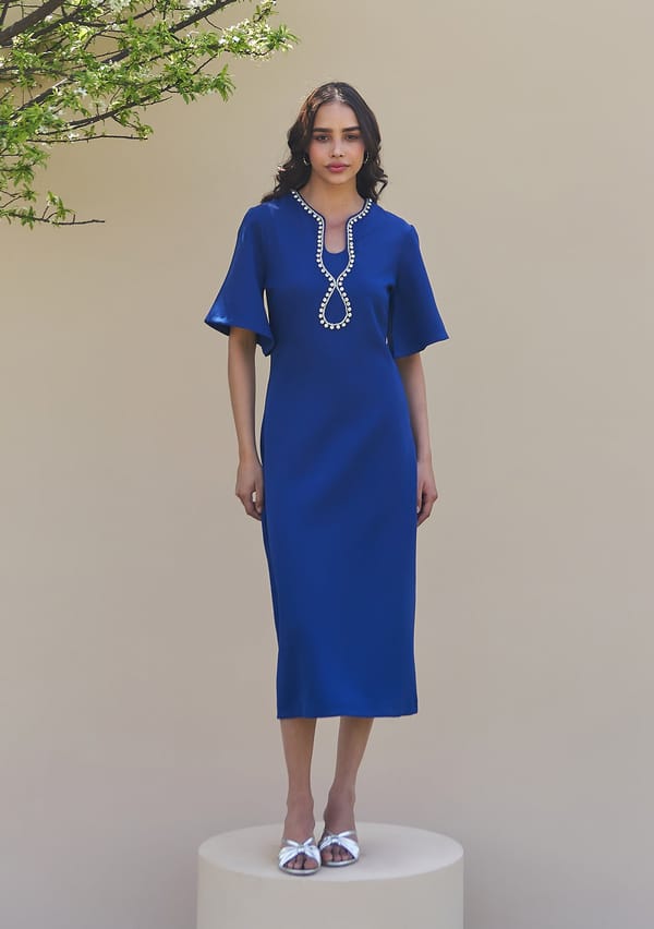 Blue Crepe Midi Dress with Embellished Keyhole Neckline — AMOSHI