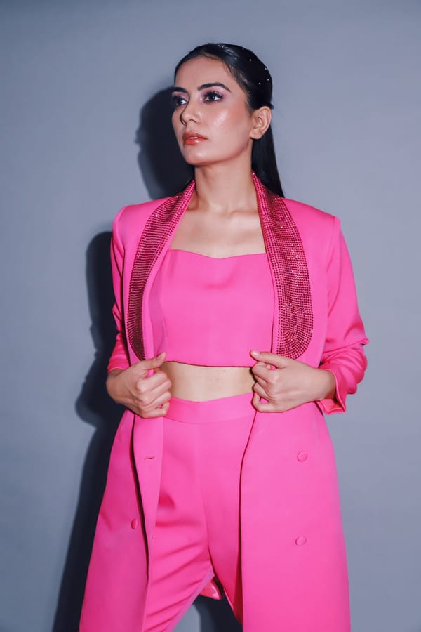 Fuschia Crystal Lapel Blazer and Pants Co-ord Set — Darling Girl