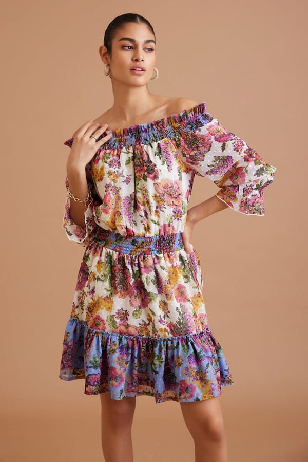 Multicolor Off-Shoulder Floral Tiered Mini Dress — BOHO-CHIC