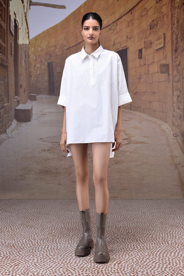 Ecru Oversized Tonal Embroidered Cotton Poplin Shirt — Genes Lecoanet Hemant