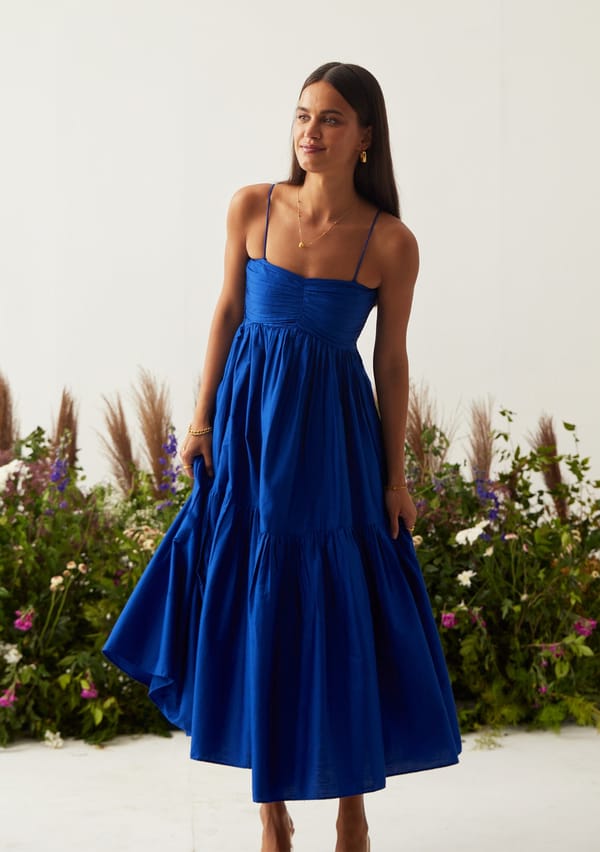 Royal Blue Tiered Midi Dress with Detachable Sleeves — AMOSHI