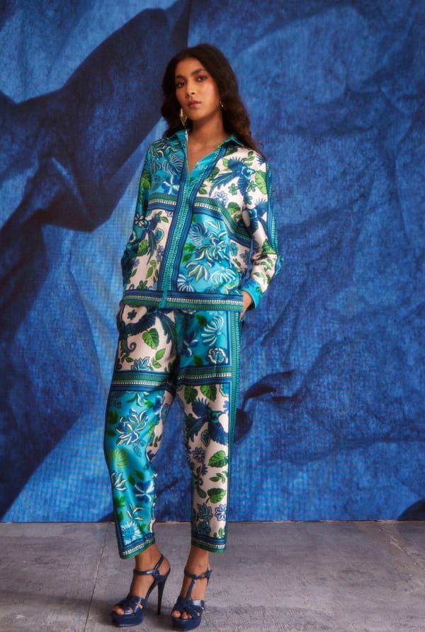 Teal Multi Tropical Print Straight-Leg Trousers — Dash and Dot