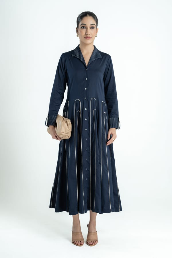 Navy Cotton Satin Fit and Flare Maxi Shirt Dress — Our Love