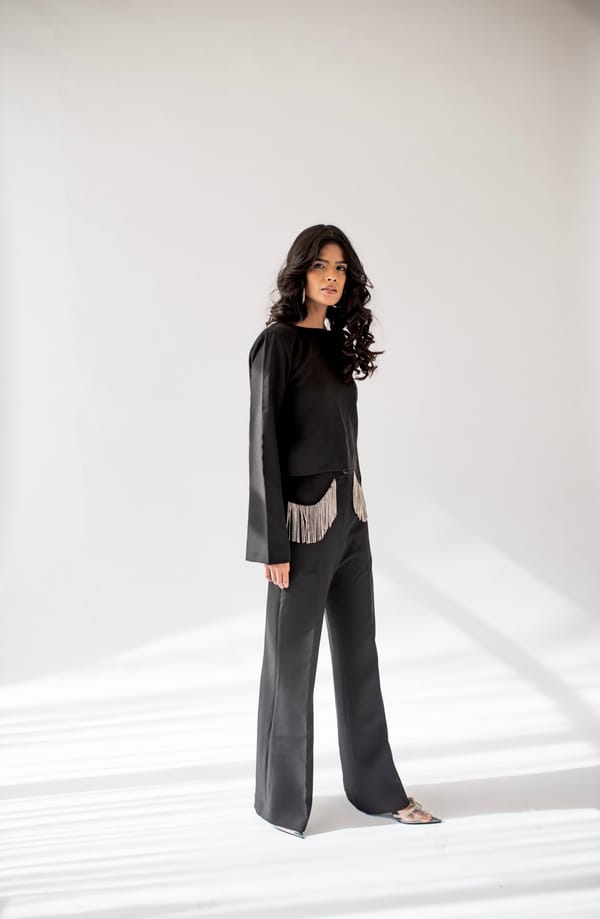 Black High-Neck Open-Back Top with Rhinestone Fringe — MAGIA