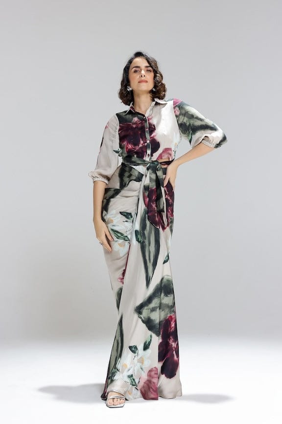 Beige Floral Shirt and Draped Maxi Skirt Co-ord Set — STUDIO SURBHI