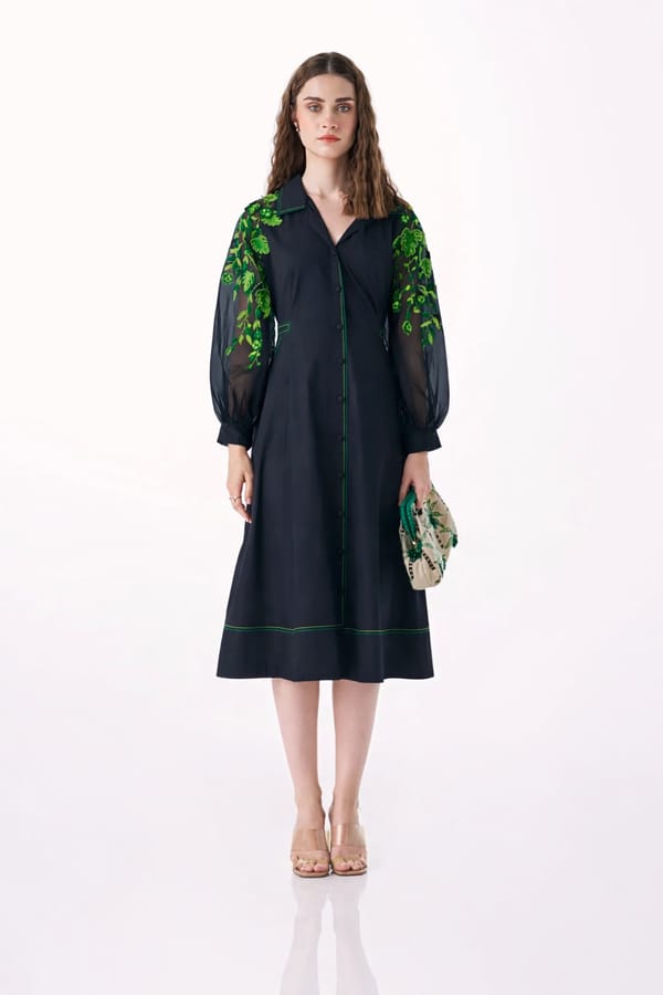 Black Fit and Flare Midi Dress with Sheer Embroidered Sleeves — Our Love