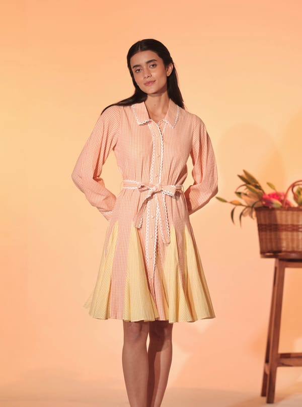 Pastel Checked Belted Shirt Dress with Lace Trim — MANVI DAGA STUDIO