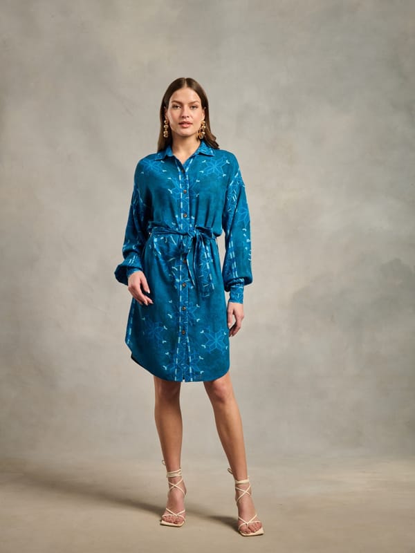 Blue Geometric Printed Belted Shirt Dress — Style Island