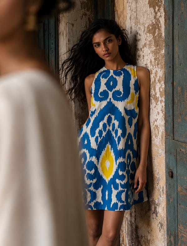 Blue Ikat Print Cotton Sleeveless Short Dress — Truebrowns