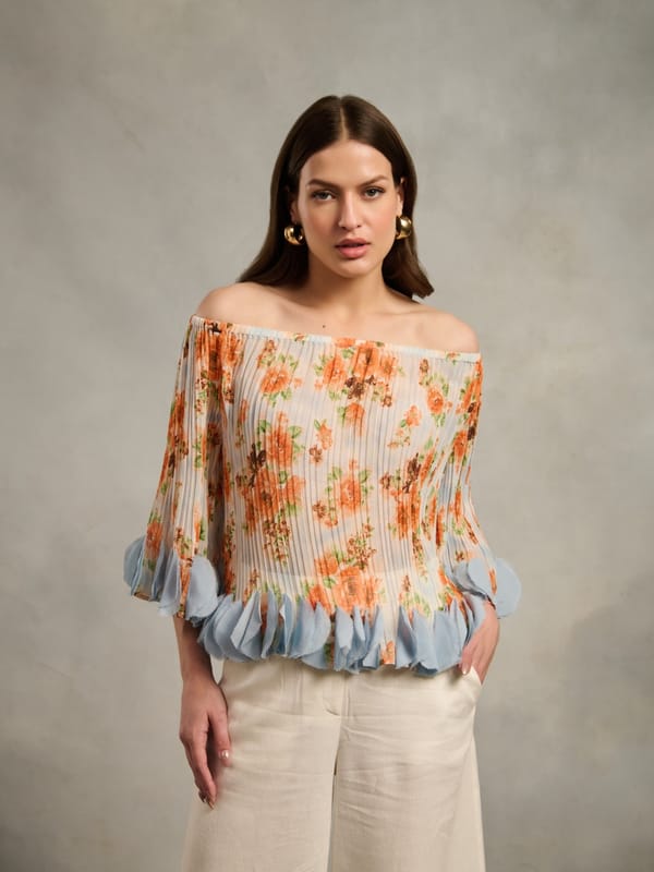 Blue Off-Shoulder Pleated Floral Blouse with Ruffle Trim — Style Island