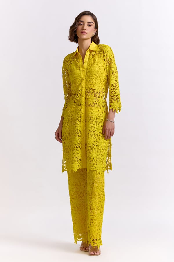 Yellow Lace Co-ord Set with Longline Collared Top — AVERIE