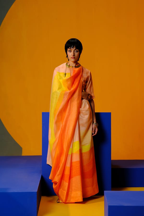 Diffuse Bright Orange & Yellow Saree Set — CLOS