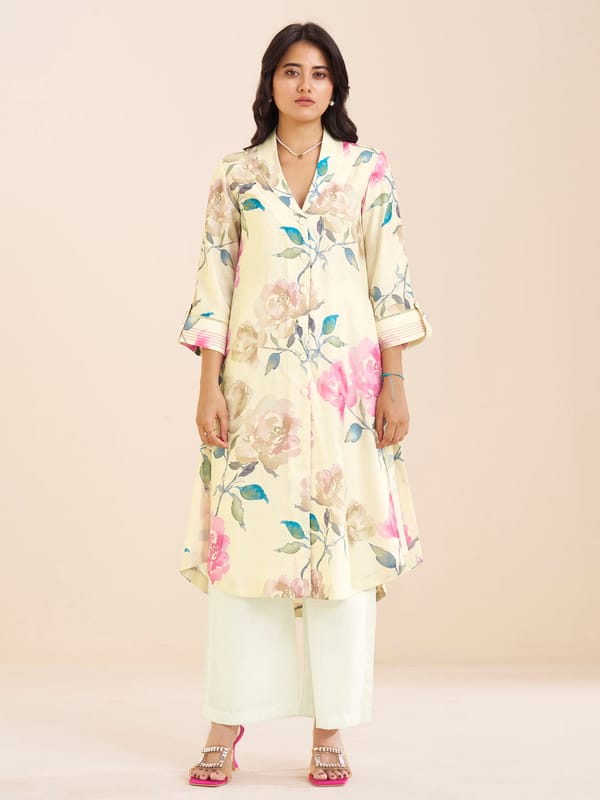 Graceful Cream Linen Blend Kurta with Pink Floral — Truly SMA