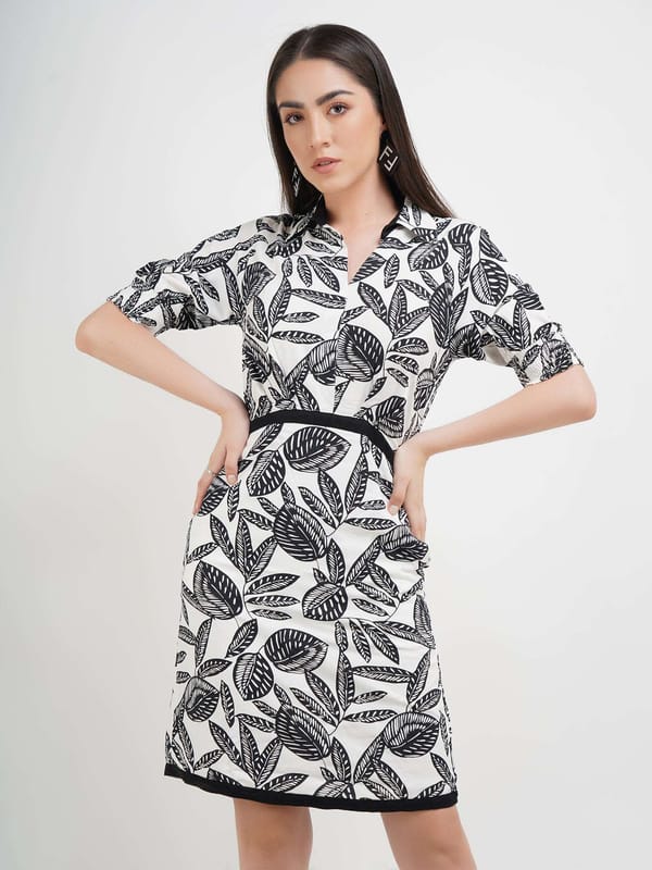 White and Black Printed Knee-Length Shirtdress — Designs by Queen Bee