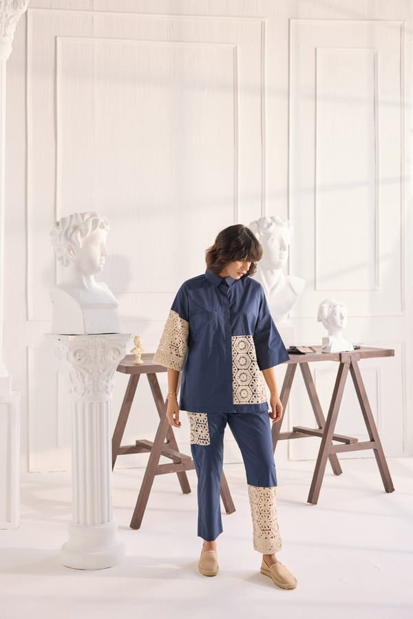 Blue Poplin Shirt and Pants Co-ord Set with Crochet Patchwork — Shivya K