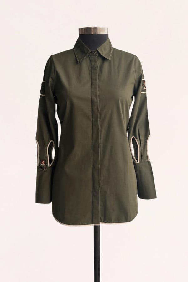 Olive Relaxed-Fit Shirt with Embellished Bug Motif — Our Love