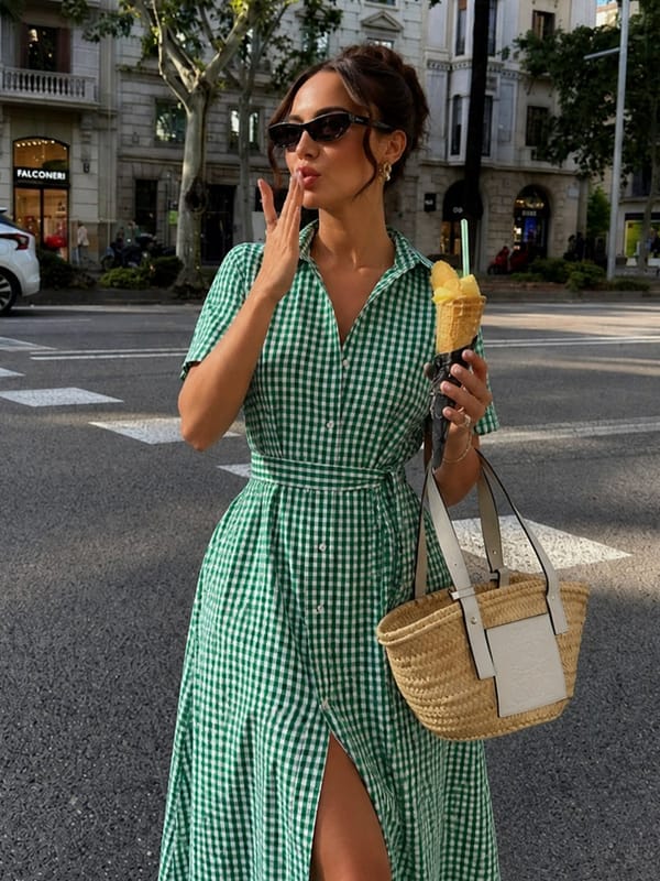 Green Gingham Button-Down Midi Shirt Dress with Tie Belt — Femmella