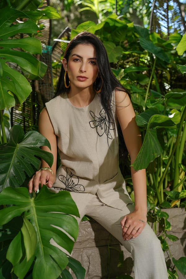 Natural Linen Sleeveless A-Line Top with Embroidery — AARI