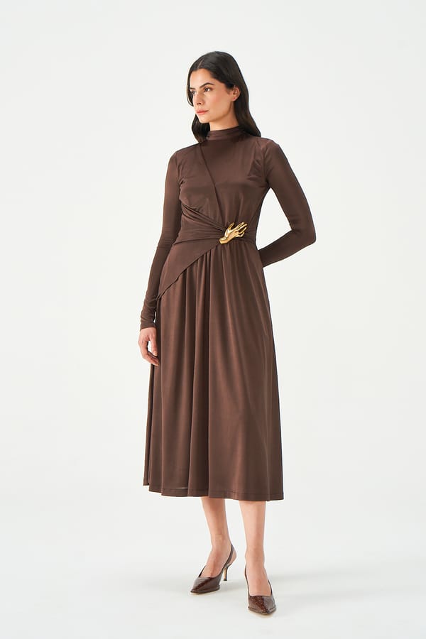 Chocolate Brown Ruched High Neck Midi Dress — NOTEBOOK