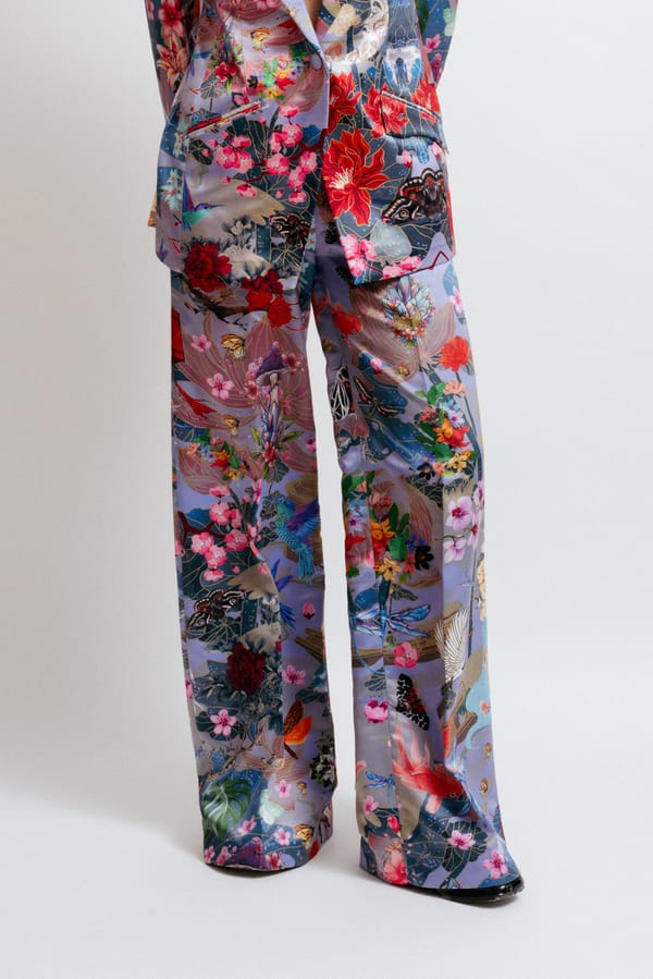 Multicolor Digital Print Wide-Leg Satin Trousers — White Saturn