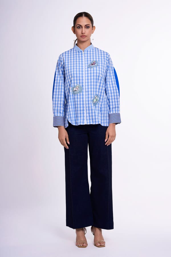 Blue Gingham Zip-Up Mandarin Collar Shirt with Bird Applique — KOR