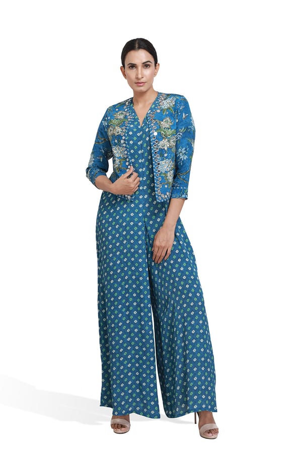 Blue Printed Wide-Leg Jumpsuit with Cropped Jacket — BUMBLEBEE