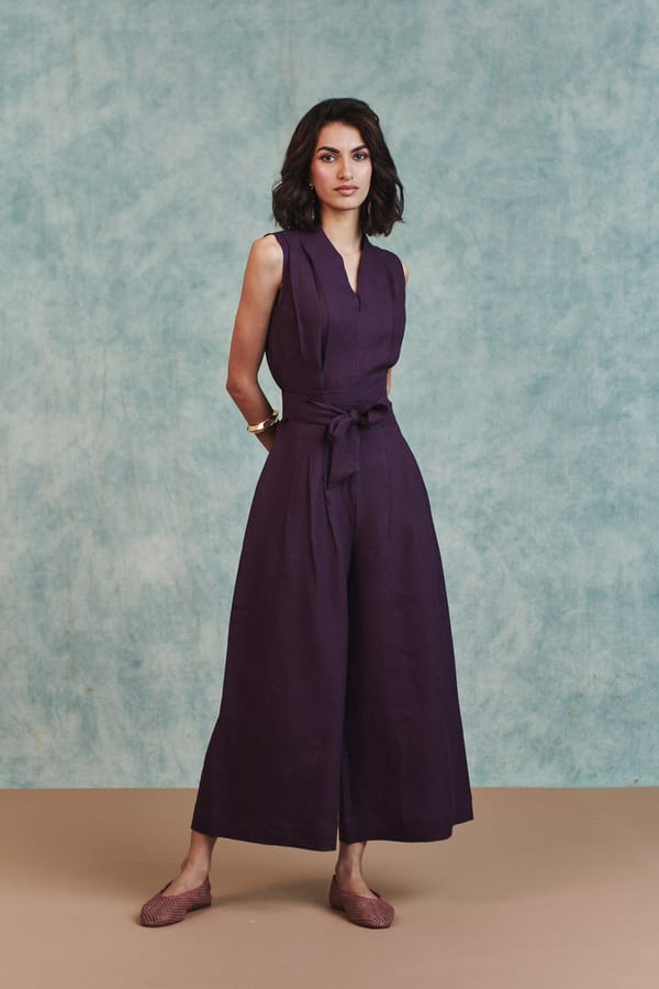 Plum Linen Sculpted Jumpsuit — Saphed