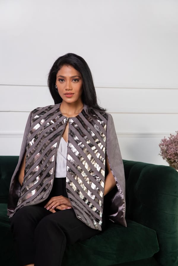 Platinum Grey Chevron Cape with Silver Metallic Stripes — Rhe-Ana