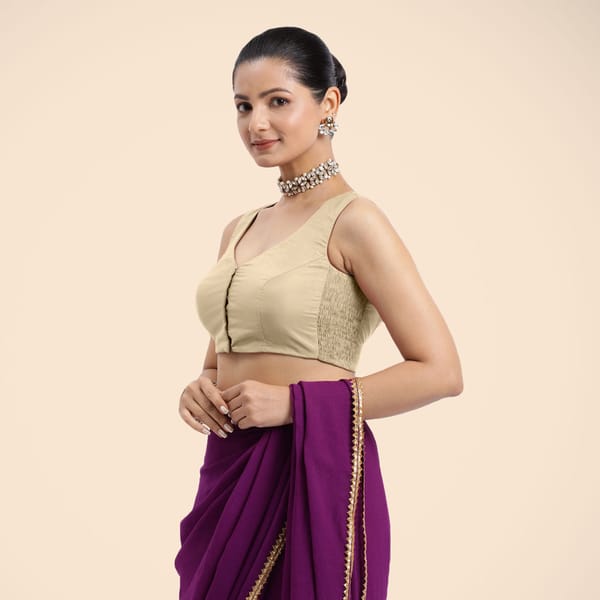 Cream Sleeveless Curved V-Neck Front-Open Saree Blouse — BINKS