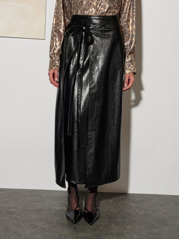 Coal Black Faux Leather Wrap-Tie Midi Skirt — SISTER JANE