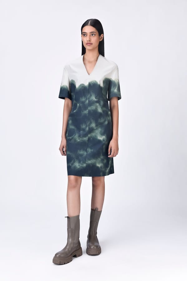 Taupe Abstract Print V-Neck Knee-Length Cotton Dress — Genes Lecoanet Hemant