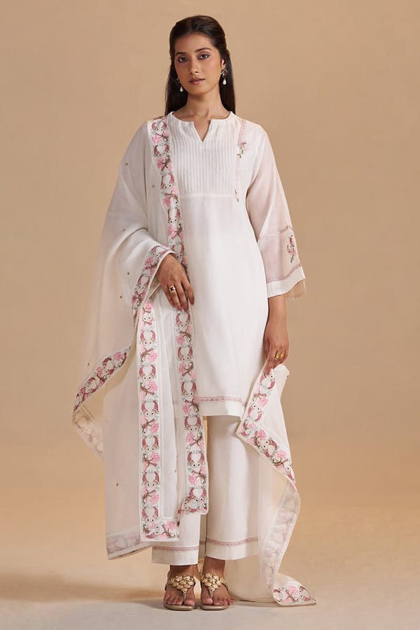 Ivory Straight Chanderi Kurta Set with Embroidered Dupatta — Ganga Fashions Pvt Ltd