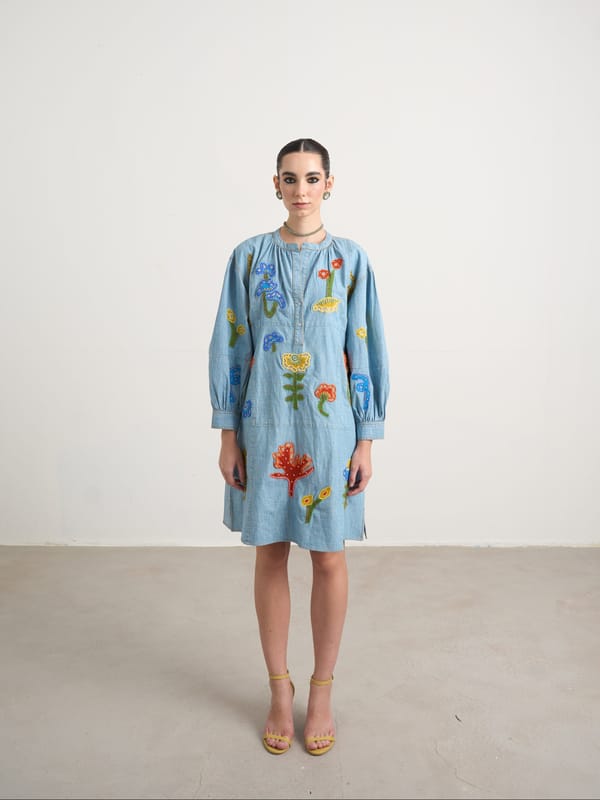 Blue Chambray Straight Knee-Length Dress with Patchwork Motifs — Naka Teki