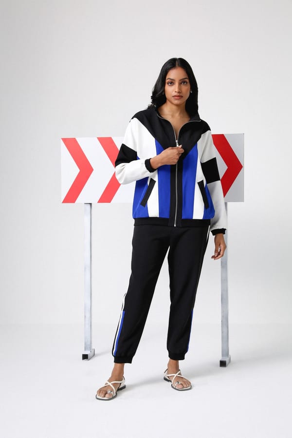 Black White Blue Colorblocked Zip-Up Track Co-ord Set — Shivya K