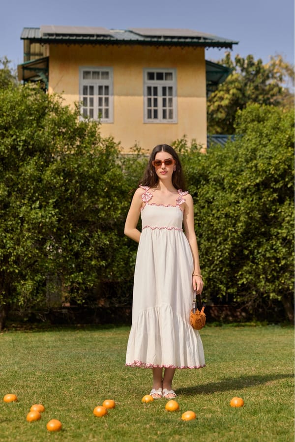 White Embroidered Strap Tiered Midi Dress — The clothing factory