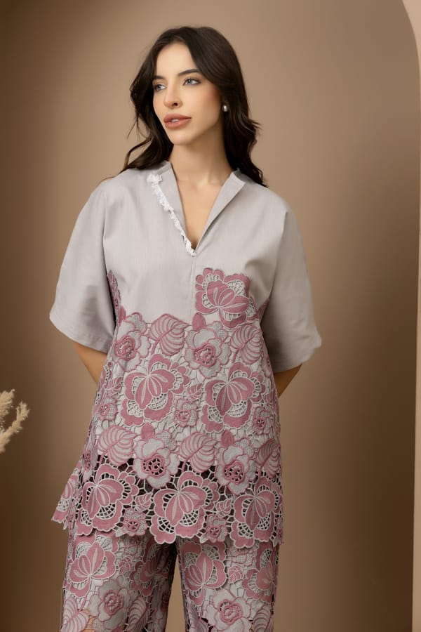 Isla Gray/Pink Lace & Denim Shirt — Rhe-Ana