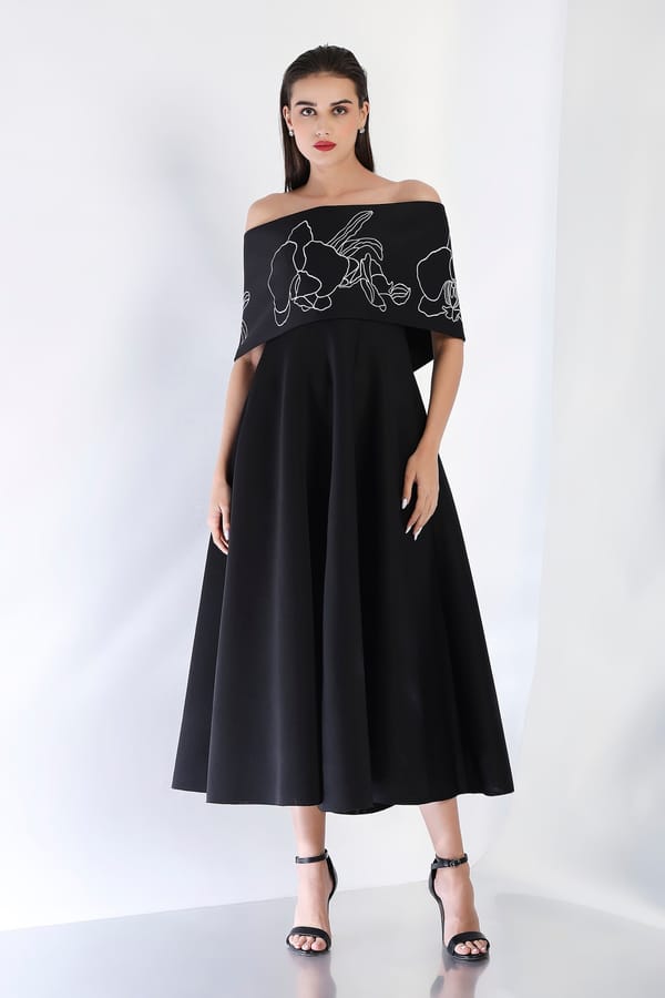 Black Fit and Flare Midi Dress with Embroidered Wrap — OZEQO