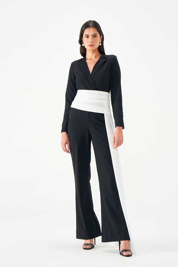 Black Wide-Leg Jumpsuit with Contrast Sash Belt — NOTEBOOK