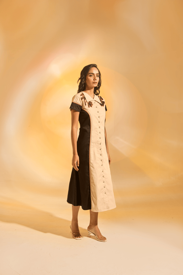 Cream and Brown Colorblock Midi Shirt Dress — An'era by Asmita Verma