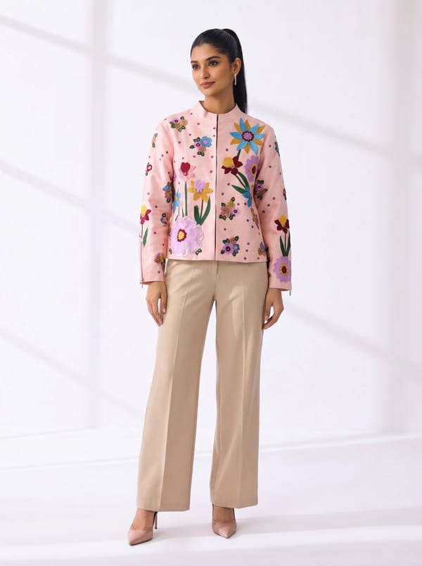 Powder Pink Cropped Embroidered Zip-Front Jacket — RUCHIKA MALLIKA LABEL
