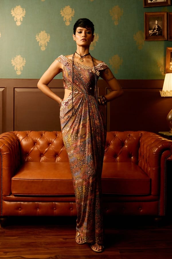 Multicolor Off-Shoulder Printed Drape Maxi Gown — Reeti Arneja