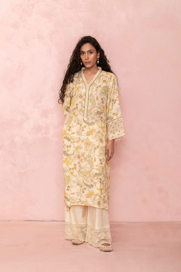 Soft Yellow Floral Kurta and Straight Pants Set — LABEL NAARITI